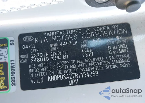 2011 Kia Sportage Lx z USA, uszkodzony, nr VIN KNDPB3A27B7154368